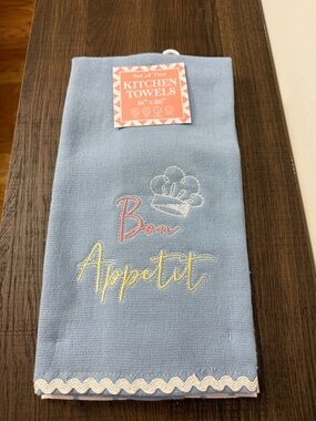 Elegant Blue Kitchen Towels - Bon Appetit Embroidery